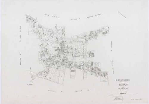 CORBREUSE, plans minutes de conservation : tableau d'assemblage,1940, Ech. 1/10000 ; plans des sections A, B1, B3, C, 1940, Ech. 1/2500, sections R, S1, S2, T, U, V1, V2, W, X, Y, Y, Z, 1960, Ech. 1/2000, section ZA, 1994, Ech. 1/2000. Polyester. N et B. 