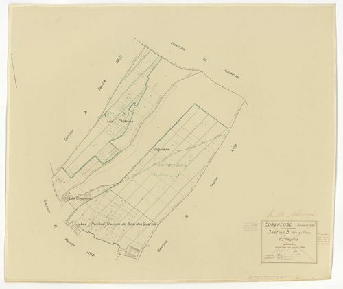 Plans minutes de conservation : CORBREUSE : tableau d'assemblage n°1, ech. 1/10000 (1940), sections A1, A2, B1, B3, C1, C2, C3, D1, D2, D3, ech. 1/2500, section B2, ech. 1/1250 (1940) ; tableau d'assemblage n°2, ech. 1/10000 (1940-1966) ; sections A, C, B