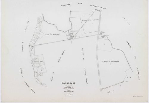 CORBREUSE, plans minutes de conservation : tableau d'assemblage,1940, Ech. 1/10000 ; plans des sections A, B1, B3, C, 1940, Ech. 1/2500, sections R, S1, S2, T, U, V1, V2, W, X, Y, Y, Z, 1960, Ech. 1/2000, section ZA, 1994, Ech. 1/2000. Polyester. N et B. 