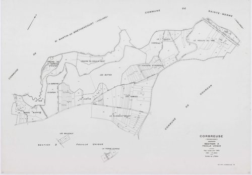 CORBREUSE, plans minutes de conservation : tableau d'assemblage,1940, Ech. 1/10000 ; plans des sections A, B1, B3, C, 1940, Ech. 1/2500, sections R, S1, S2, T, U, V1, V2, W, X, Y, Y, Z, 1960, Ech. 1/2000, section ZA, 1994, Ech. 1/2000. Polyester. N et B. 