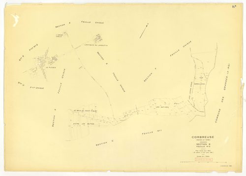 Plans minutes de conservation : CORBREUSE : tableau d'assemblage n°1, ech. 1/10000 (1940), sections A1, A2, B1, B3, C1, C2, C3, D1, D2, D3, ech. 1/2500, section B2, ech. 1/1250 (1940) ; tableau d'assemblage n°2, ech. 1/10000 (1940-1966) ; sections A, C, B