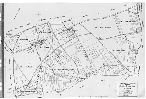 CORBREUSE .- Cadastre révisé pour 1940 : plan du tableau d'assemblage , plans de la section A la Ferme Durand 1ère feuille, idem 2ème feuille, section B le Village 1ère feuille, idem 2ème feuille, idem 3ème feuille, section C le Trouvillier 1ère feuille, 