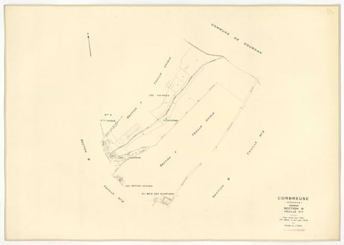 Plans minutes de conservation : CORBREUSE : tableau d'assemblage n°1, ech. 1/10000 (1940), sections A1, A2, B1, B3, C1, C2, C3, D1, D2, D3, ech. 1/2500, section B2, ech. 1/1250 (1940) ; tableau d'assemblage n°2, ech. 1/10000 (1940-1966) ; sections A, C, B