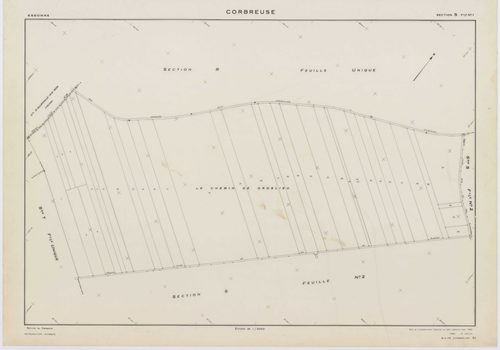 CORBREUSE, plans minutes de conservation : tableau d'assemblage,1940, Ech. 1/10000 ; plans des sections A, B1, B3, C, 1940, Ech. 1/2500, sections R, S1, S2, T, U, V1, V2, W, X, Y, Y, Z, 1960, Ech. 1/2000, section ZA, 1994, Ech. 1/2000. Polyester. N et B. 