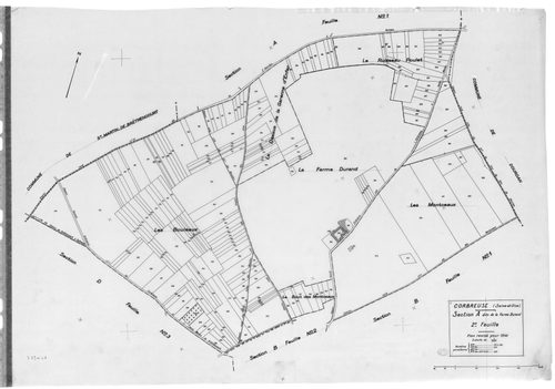 CORBREUSE .- Cadastre révisé pour 1940 : plan du tableau d'assemblage , plans de la section A la Ferme Durand 1ère feuille, idem 2ème feuille, section B le Village 1ère feuille, idem 2ème feuille, idem 3ème feuille, section C le Trouvillier 1ère feuille, 