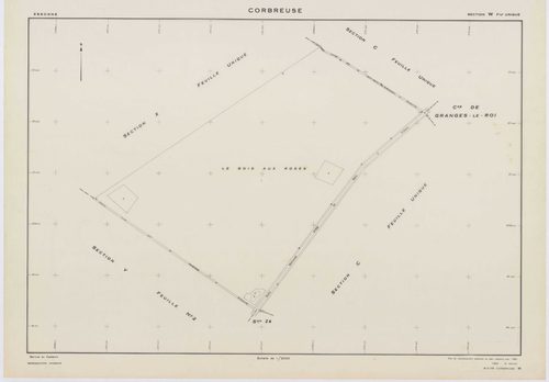 CORBREUSE, plans minutes de conservation : tableau d'assemblage,1940, Ech. 1/10000 ; plans des sections A, B1, B3, C, 1940, Ech. 1/2500, sections R, S1, S2, T, U, V1, V2, W, X, Y, Y, Z, 1960, Ech. 1/2000, section ZA, 1994, Ech. 1/2000. Polyester. N et B. 