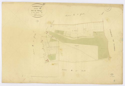 CORBREUSE. - Section B - Village (le), 1, ech. 1/2500, coul., aquarelle, papier, 64x95 (1828). 