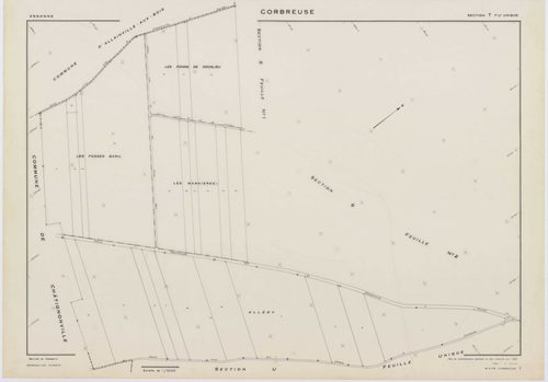 CORBREUSE, plans minutes de conservation : tableau d'assemblage,1940, Ech. 1/10000 ; plans des sections A, B1, B3, C, 1940, Ech. 1/2500, sections R, S1, S2, T, U, V1, V2, W, X, Y, Y, Z, 1960, Ech. 1/2000, section ZA, 1994, Ech. 1/2000. Polyester. N et B. 