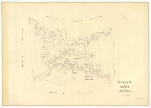 Plans minutes de conservation : CORBREUSE : tableau d'assemblage n°1, ech. 1/10000 (1940), sections A1, A2, B1, B3, C1, C2, C3, D1, D2, D3, ech. 1/2500, section B2, ech. 1/1250 (1940) ; tableau d'assemblage n°2, ech. 1/10000 (1940-1966) ; sections A, C, B