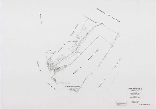 CORBREUSE, plans minutes de conservation : tableau d'assemblage,1940, Ech. 1/10000 ; plans des sections A, B1, B3, C, 1940, Ech. 1/2500, sections R, S1, S2, T, U, V1, V2, W, X, Y, Y, Z, 1960, Ech. 1/2000, section ZA, 1994, Ech. 1/2000. Polyester. N et B. 