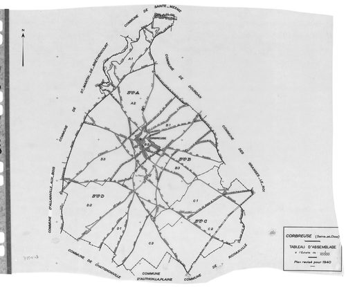 CORBREUSE .- Cadastre révisé pour 1940 : plan du tableau d'assemblage , plans de la section A la Ferme Durand 1ère feuille, idem 2ème feuille, section B le Village 1ère feuille, idem 2ème feuille, idem 3ème feuille, section C le Trouvillier 1ère feuille, 