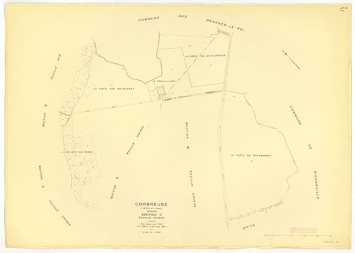 Plans minutes de conservation : CORBREUSE : tableau d'assemblage n°1, ech. 1/10000 (1940), sections A1, A2, B1, B3, C1, C2, C3, D1, D2, D3, ech. 1/2500, section B2, ech. 1/1250 (1940) ; tableau d'assemblage n°2, ech. 1/10000 (1940-1966) ; sections A, C, B