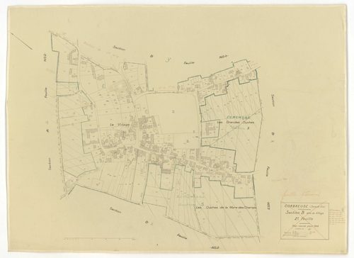 Plans minutes de conservation : CORBREUSE : tableau d'assemblage n°1, ech. 1/10000 (1940), sections A1, A2, B1, B3, C1, C2, C3, D1, D2, D3, ech. 1/2500, section B2, ech. 1/1250 (1940) ; tableau d'assemblage n°2, ech. 1/10000 (1940-1966) ; sections A, C, B
