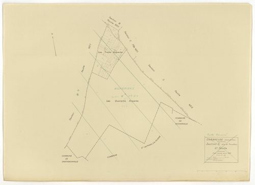 Plans minutes de conservation : CORBREUSE : tableau d'assemblage n°1, ech. 1/10000 (1940), sections A1, A2, B1, B3, C1, C2, C3, D1, D2, D3, ech. 1/2500, section B2, ech. 1/1250 (1940) ; tableau d'assemblage n°2, ech. 1/10000 (1940-1966) ; sections A, C, B