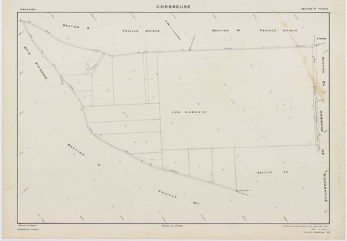 CORBREUSE, plans minutes de conservation : tableau d'assemblage,1940, Ech. 1/10000 ; plans des sections A, B1, B3, C, 1940, Ech. 1/2500, sections R, S1, S2, T, U, V1, V2, W, X, Y, Y, Z, 1960, Ech. 1/2000, section ZA, 1994, Ech. 1/2000. Polyester. N et B. 