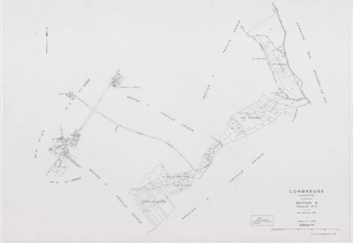CORBREUSE, plans minutes de conservation : tableau d'assemblage,1940, Ech. 1/10000 ; plans des sections A, B1, B3, C, 1940, Ech. 1/2500, sections R, S1, S2, T, U, V1, V2, W, X, Y, Y, Z, 1960, Ech. 1/2000, section ZA, 1994, Ech. 1/2000. Polyester. N et B. 