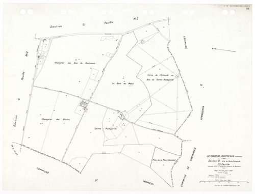COUDRAY-MONTCEAUX (LE), plans minutes de conservation : tableau d'assemblage, 1937, Ech. 1/10000 ; plans des sections Bu, Cl, C2, D1, D2, 1937, Ech. 1/2500, section ZA, 1964, Ech. 1/2000, sections AH, AI, 1990, Ech. 1/1000, sections AA, AB, AC, AD, AE, 19
