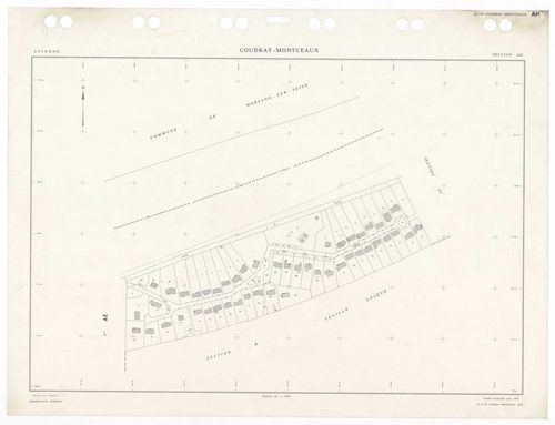 COUDRAY-MONTCEAUX (LE), plans minutes de conservation : tableau d'assemblage, 1937, Ech. 1/10000 ; plans des sections Bu, Cl, C2, D1, D2, 1937, Ech. 1/2500, section ZA, 1964, Ech. 1/2000, sections AH, AI, 1990, Ech. 1/1000, sections AA, AB, AC, AD, AE, 19