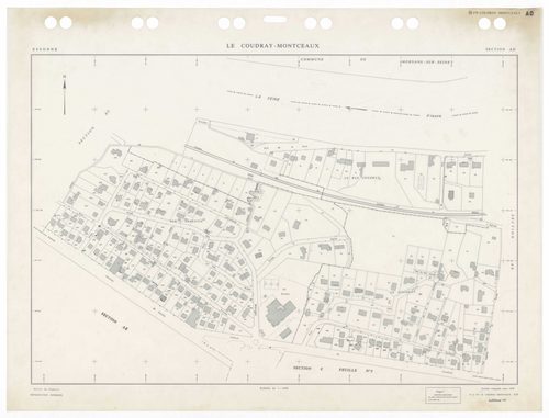 COUDRAY-MONTCEAUX (LE), plans minutes de conservation : tableau d'assemblage, 1937, Ech. 1/10000 ; plans des sections Bu, Cl, C2, D1, D2, 1937, Ech. 1/2500, section ZA, 1964, Ech. 1/2000, sections AH, AI, 1990, Ech. 1/1000, sections AA, AB, AC, AD, AE, 19