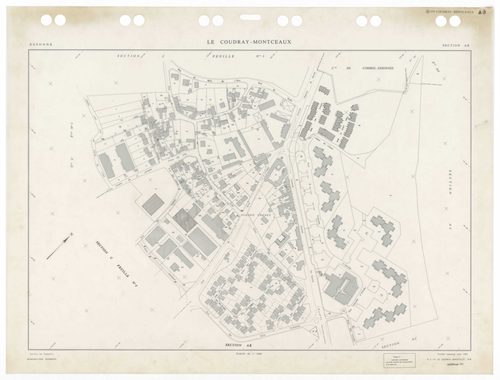 COUDRAY-MONTCEAUX (LE), plans minutes de conservation : tableau d'assemblage, 1937, Ech. 1/10000 ; plans des sections Bu, Cl, C2, D1, D2, 1937, Ech. 1/2500, section ZA, 1964, Ech. 1/2000, sections AH, AI, 1990, Ech. 1/1000, sections AA, AB, AC, AD, AE, 19