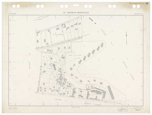 COUDRAY-MONTCEAUX (LE), plans minutes de conservation : tableau d'assemblage, 1937, Ech. 1/10000 ; plans des sections Bu, Cl, C2, D1, D2, 1937, Ech. 1/2500, section ZA, 1964, Ech. 1/2000, sections AH, AI, 1990, Ech. 1/1000, sections AA, AB, AC, AD, AE, 19