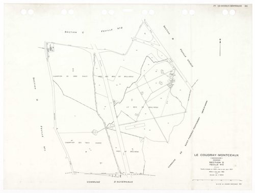 COUDRAY-MONTCEAUX (LE), plans minutes de conservation : tableau d'assemblage, 1937, Ech. 1/10000 ; plans des sections Bu, Cl, C2, D1, D2, 1937, Ech. 1/2500, section ZA, 1964, Ech. 1/2000, sections AH, AI, 1990, Ech. 1/1000, sections AA, AB, AC, AD, AE, 19