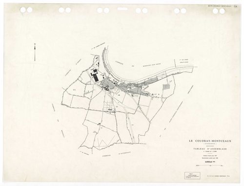 COUDRAY-MONTCEAUX (LE), plans minutes de conservation : tableau d'assemblage, 1937, Ech. 1/10000 ; plans des sections Bu, Cl, C2, D1, D2, 1937, Ech. 1/2500, section ZA, 1964, Ech. 1/2000, sections AH, AI, 1990, Ech. 1/1000, sections AA, AB, AC, AD, AE, 19