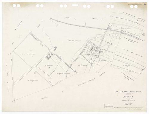 COUDRAY-MONTCEAUX (LE), plans minutes de conservation : tableau d'assemblage, 1937, Ech. 1/10000 ; plans des sections Bu, Cl, C2, D1, D2, 1937, Ech. 1/2500, section ZA, 1964, Ech. 1/2000, sections AH, AI, 1990, Ech. 1/1000, sections AA, AB, AC, AD, AE, 19