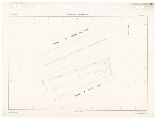 COUDRAY-MONTCEAUX (LE), plans minutes de conservation : tableau d'assemblage, 1937, Ech. 1/10000 ; plans des sections Bu, Cl, C2, D1, D2, 1937, Ech. 1/2500, section ZA, 1964, Ech. 1/2000, sections AH, AI, 1990, Ech. 1/1000, sections AA, AB, AC, AD, AE, 19