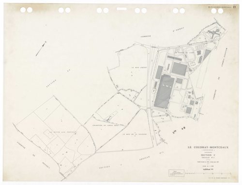 COUDRAY-MONTCEAUX (LE), plans minutes de conservation : tableau d'assemblage, 1937, Ech. 1/10000 ; plans des sections Bu, Cl, C2, D1, D2, 1937, Ech. 1/2500, section ZA, 1964, Ech. 1/2000, sections AH, AI, 1990, Ech. 1/1000, sections AA, AB, AC, AD, AE, 19