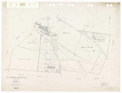 COUDRAY-MONTCEAUX (LE), plans minutes de conservation : tableau d'assemblage, 1937, Ech. 1/10000 ; plans des sections Bu, Cl, C2, D1, D2, 1937, Ech. 1/2500, section ZA, 1964, Ech. 1/2000, sections AH, AI, 1990, Ech. 1/1000, sections AA, AB, AC, AD, AE, 19
