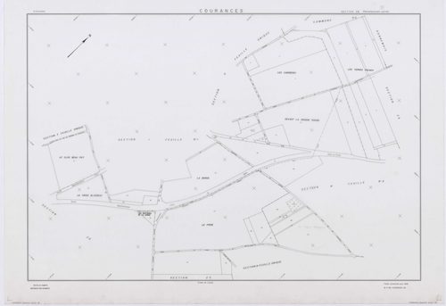 COURANCES, plans minutes de conservation : tableau d'assemblage, 1934, Ech. 1/10000 ; plans des sections B, F, 1934, Ech. 1/2500, sections A2, E2, G, H2, I1, 1934, Ech. 1/1250, sections ZA, ZB, ZC, ZD, 1999, Ech. 1/2000. Polyester. N et B. Dim. 105 x 80 c