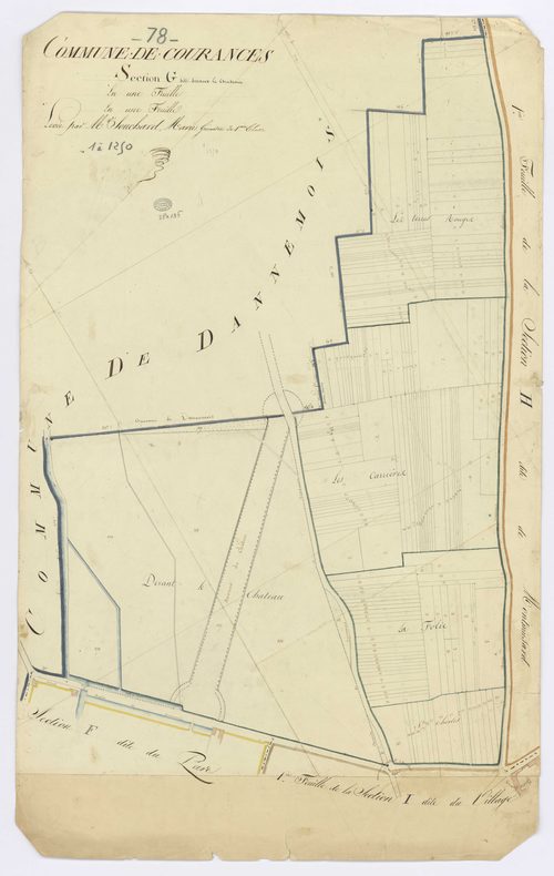 COURANCES. - Section G - Devant le Château, ech. 1/1250, coul., aquarelle, papier, 100x61 (1813). 