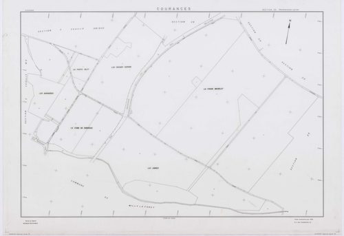 COURANCES, plans minutes de conservation : tableau d'assemblage, 1934, Ech. 1/10000 ; plans des sections B, F, 1934, Ech. 1/2500, sections A2, E2, G, H2, I1, 1934, Ech. 1/1250, sections ZA, ZB, ZC, ZD, 1999, Ech. 1/2000. Polyester. N et B. Dim. 105 x 80 c