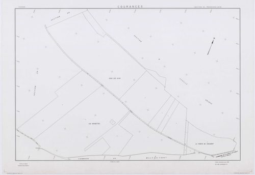 COURANCES, plans minutes de conservation : tableau d'assemblage, 1934, Ech. 1/10000 ; plans des sections B, F, 1934, Ech. 1/2500, sections A2, E2, G, H2, I1, 1934, Ech. 1/1250, sections ZA, ZB, ZC, ZD, 1999, Ech. 1/2000. Polyester. N et B. Dim. 105 x 80 c