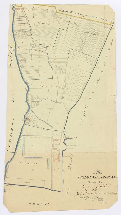 COURANCES. - Section E - Ruisseau (le), 2, ech. 1/1250, coul., aquarelle, papier, 90x50 (1813). 