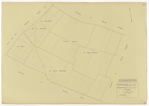 Plans minutes de conservation : COURANCES : tableau d'assemblage, ech. 1/10000 (1934), sections A1, A2, C, D1, D2, D3, E1, E2, G, H1, H2, I1, I2, ech. 1/1250 (1934), sections B, F, ech. 1/2500 (1934), NB, papier, 105x80 [16 plans]. 