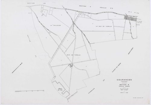 COURANCES, plans minutes de conservation : tableau d'assemblage, 1934, Ech. 1/10000 ; plans des sections B, F, 1934, Ech. 1/2500, sections A2, E2, G, H2, I1, 1934, Ech. 1/1250, sections ZA, ZB, ZC, ZD, 1999, Ech. 1/2000. Polyester. N et B. Dim. 105 x 80 c