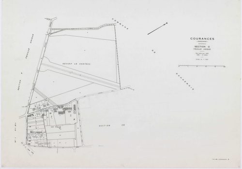 COURANCES, plans minutes de conservation : tableau d'assemblage, 1934, Ech. 1/10000 ; plans des sections B, F, 1934, Ech. 1/2500, sections A2, E2, G, H2, I1, 1934, Ech. 1/1250, sections ZA, ZB, ZC, ZD, 1999, Ech. 1/2000. Polyester. N et B. Dim. 105 x 80 c