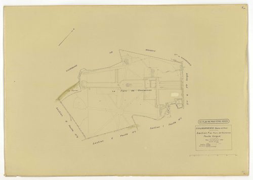 Plans minutes de conservation : COURANCES : tableau d'assemblage, ech. 1/10000 (1934), sections A1, A2, C, D1, D2, D3, E1, E2, G, H1, H2, I1, I2, ech. 1/1250 (1934), sections B, F, ech. 1/2500 (1934), NB, papier, 105x80 [16 plans]. 