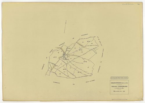 Plans minutes de conservation : COURANCES : tableau d'assemblage, ech. 1/10000 (1934), sections A1, A2, C, D1, D2, D3, E1, E2, G, H1, H2, I1, I2, ech. 1/1250 (1934), sections B, F, ech. 1/2500 (1934), NB, papier, 105x80 [16 plans]. 