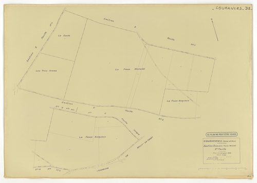 Plans minutes de conservation : COURANCES : tableau d'assemblage, ech. 1/10000 (1934), sections A1, A2, C, D1, D2, D3, E1, E2, G, H1, H2, I1, I2, ech. 1/1250 (1934), sections B, F, ech. 1/2500 (1934), NB, papier, 105x80 [16 plans]. 