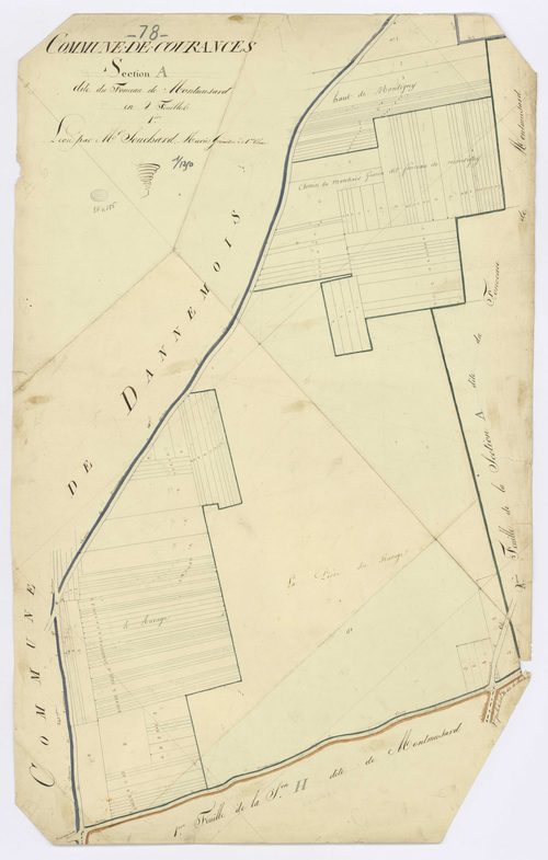 COURANCES. - Section A - Fonceau de Montmusard (le), 1, ech. 1/1250, coul., aquarelle, papier, 101x63 (1813). 