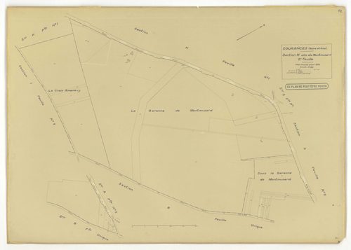 Plans minutes de conservation : COURANCES : tableau d'assemblage, ech. 1/10000 (1934), sections A1, A2, C, D1, D2, D3, E1, E2, G, H1, H2, I1, I2, ech. 1/1250 (1934), sections B, F, ech. 1/2500 (1934), NB, papier, 105x80 [16 plans]. 