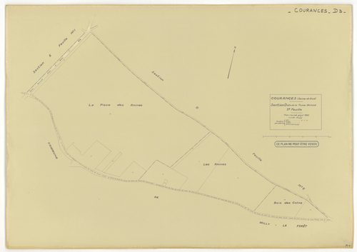 Plans minutes de conservation : COURANCES : tableau d'assemblage, ech. 1/10000 (1934), sections A1, A2, C, D1, D2, D3, E1, E2, G, H1, H2, I1, I2, ech. 1/1250 (1934), sections B, F, ech. 1/2500 (1934), NB, papier, 105x80 [16 plans]. 