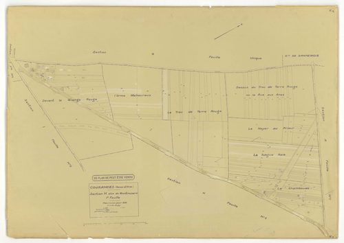Plans minutes de conservation : COURANCES : tableau d'assemblage, ech. 1/10000 (1934), sections A1, A2, C, D1, D2, D3, E1, E2, G, H1, H2, I1, I2, ech. 1/1250 (1934), sections B, F, ech. 1/2500 (1934), NB, papier, 105x80 [16 plans]. 