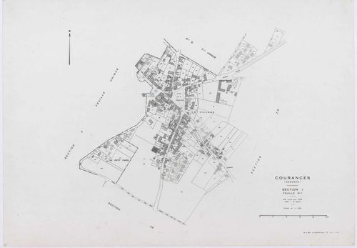 COURANCES, plans minutes de conservation : tableau d'assemblage, 1934, Ech. 1/10000 ; plans des sections B, F, 1934, Ech. 1/2500, sections A2, E2, G, H2, I1, 1934, Ech. 1/1250, sections ZA, ZB, ZC, ZD, 1999, Ech. 1/2000. Polyester. N et B. Dim. 105 x 80 c