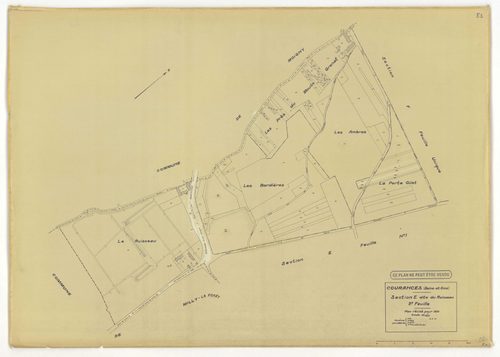 Plans minutes de conservation : COURANCES : tableau d'assemblage, ech. 1/10000 (1934), sections A1, A2, C, D1, D2, D3, E1, E2, G, H1, H2, I1, I2, ech. 1/1250 (1934), sections B, F, ech. 1/2500 (1934), NB, papier, 105x80 [16 plans]. 