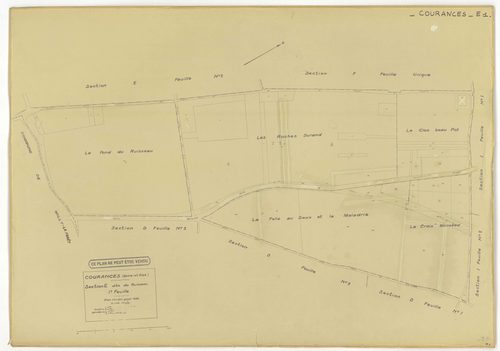 Plans minutes de conservation : COURANCES : tableau d'assemblage, ech. 1/10000 (1934), sections A1, A2, C, D1, D2, D3, E1, E2, G, H1, H2, I1, I2, ech. 1/1250 (1934), sections B, F, ech. 1/2500 (1934), NB, papier, 105x80 [16 plans]. 