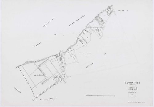 COURANCES, plans minutes de conservation : tableau d'assemblage, 1934, Ech. 1/10000 ; plans des sections B, F, 1934, Ech. 1/2500, sections A2, E2, G, H2, I1, 1934, Ech. 1/1250, sections ZA, ZB, ZC, ZD, 1999, Ech. 1/2000. Polyester. N et B. Dim. 105 x 80 c